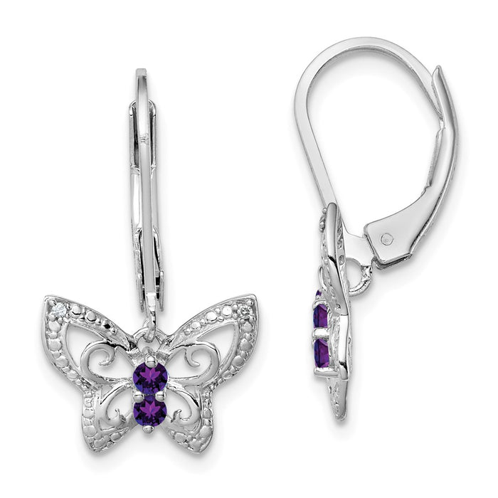 925 Sterling Silver Rhodium-plated Amethyst & Diamond Butterfly Earrings, 24mm x 13mm