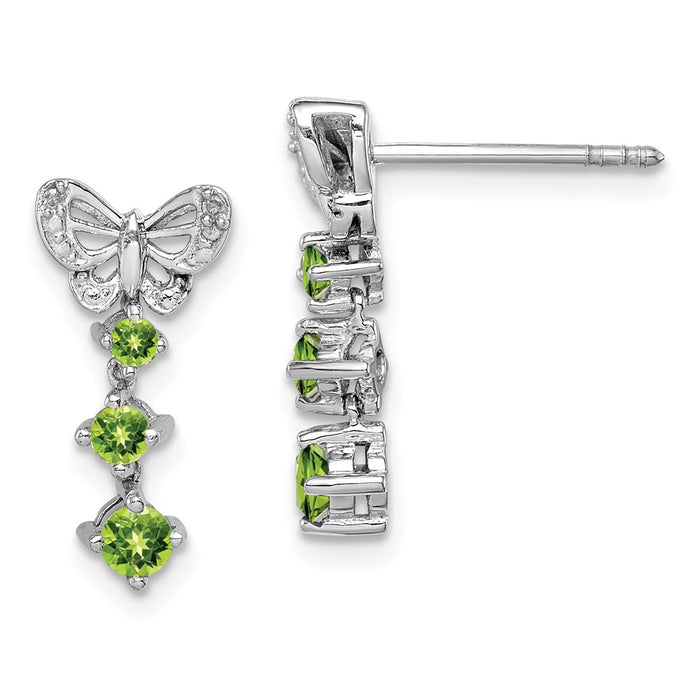 925 Sterling Silver Rhodium-plated Peridot Diamond Earrings, 17mm x 8mm