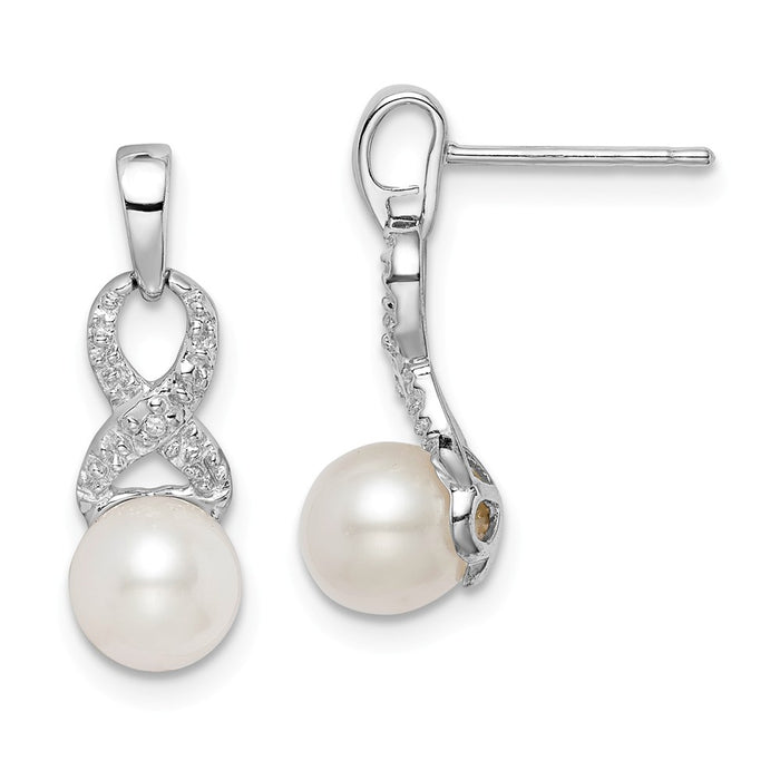 925 Sterling Silver Rhod Plated Diamond and Freshwater Cultured Pearl Post Earrings, 18mm x 6mm