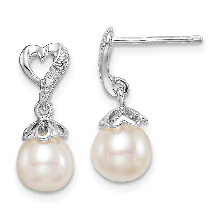 925 Sterling Silver Rhodium-plated Diamond  & Freshwater Cultured Pearl Post Dangle Earrings, 15mm x 6mm