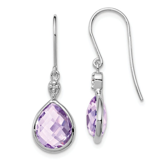925 Sterling Silver Rhodium-Plated Diamond Pink Quartz Earrings, 29mm x 9mm