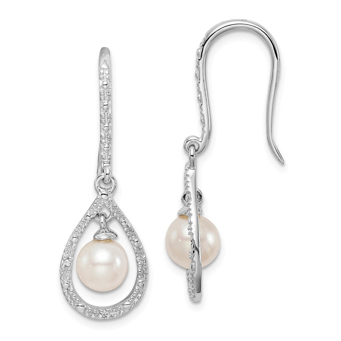 925 Sterling Silver Rhodium Plated Diamond  and Freshwater Cultured Pearl Dangle Earrings, 36mm x 11mm