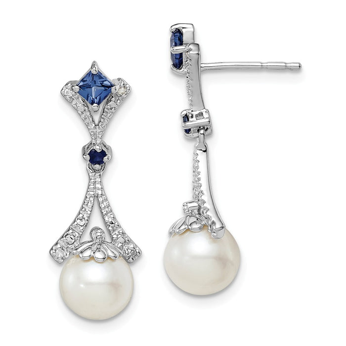 925 Sterling Silver Rhod Plated Diamond Freshwater Cultured Pearl/Created Sapphire Earrings, 26mm x 9mm