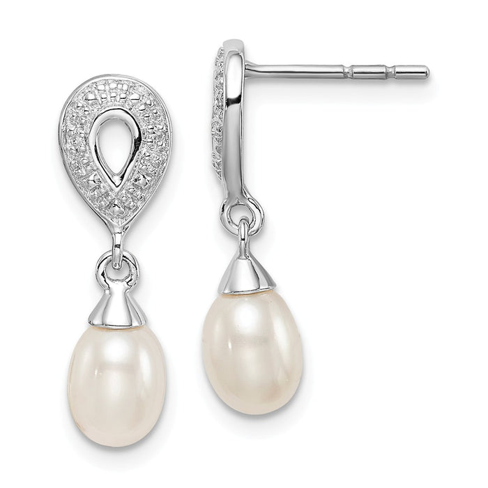 925 Sterling Silver Rhod Plated Diamond and Freshwater Cultured Pearl Post Earrings, 19mm x 6mm