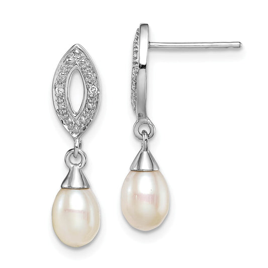 925 Sterling Silver Rhod Plated Diamond and Freshwater Cultured Pearl Post Earrings, 21mm x 6mm