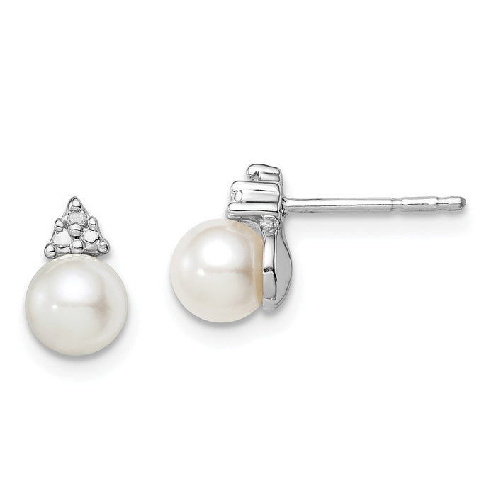 925 Sterling Silver Rhod Plated Diamond and Freshwater Cultured Pearl Post Earrings, 8mm x 5mm