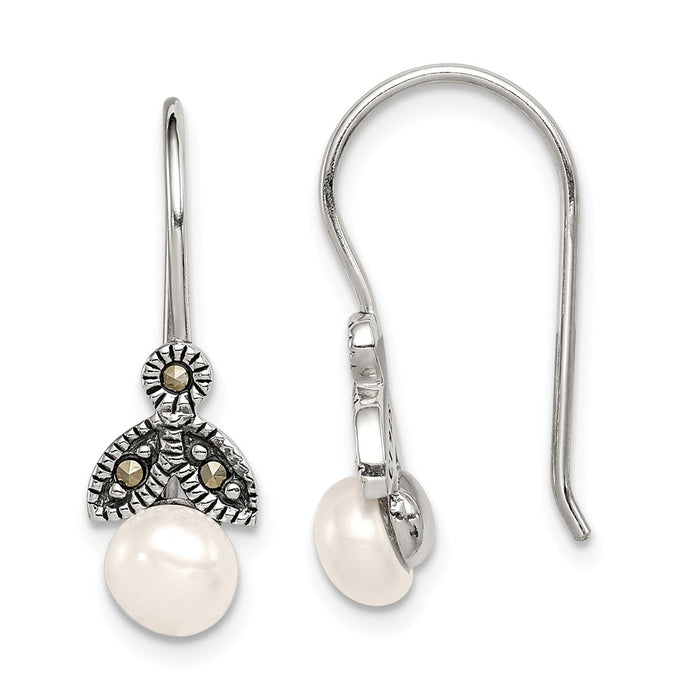925 Sterling Silver Rhodium-plated Freshwater Cultured Pearl Marcasite Earrings, 19mm x 6mm