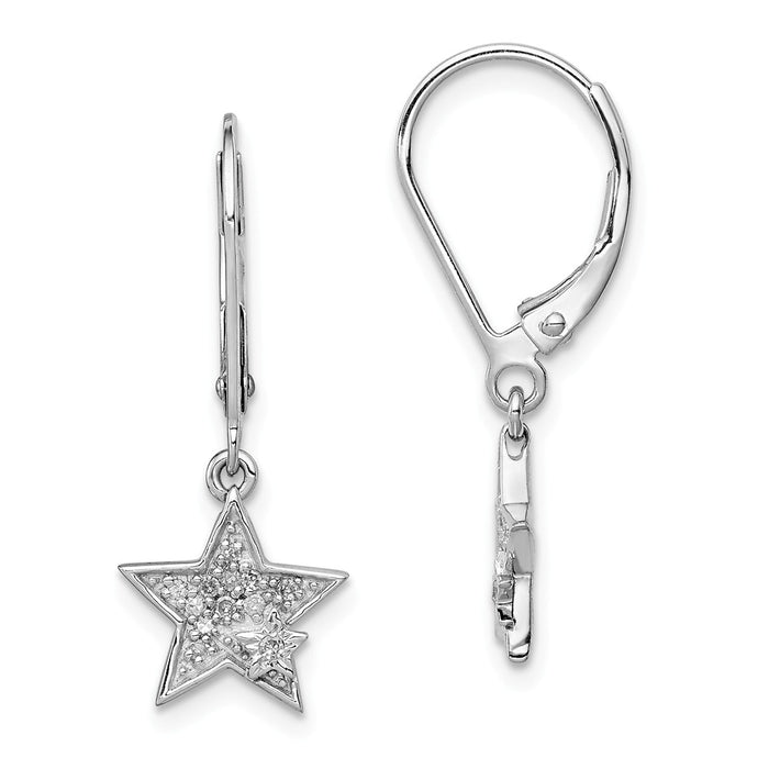 925 Sterling Silver Rhodium-Plated Diamond Star Leverback Earrings, 23mm x 10mm