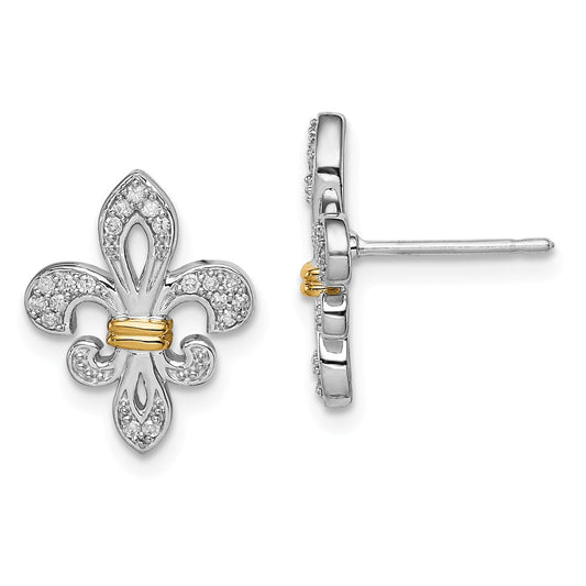 925 Sterling Silver Rhodium & 14k Yellow Gold Diamond  Fleur de Lis Post Earrings, 15mm x 11mm