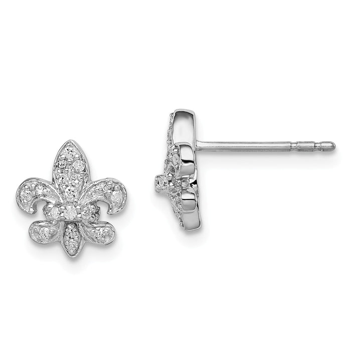 925 Sterling Silver Rhodium 0.16ct Diamond  Fleur de Lis Post Earrings, 9mm x 9mm