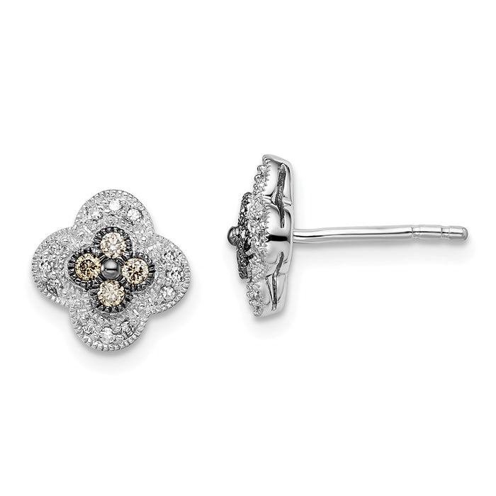 925 Sterling Silver Rhodium-plated Champagne Diamond Small Flower Post Earrings, 10mm x 10mm