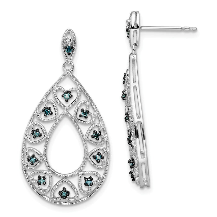 925 Sterling Silver Rhod Plated Dangle White & Blue Diamond Post Earrings, 34mm x 17mm