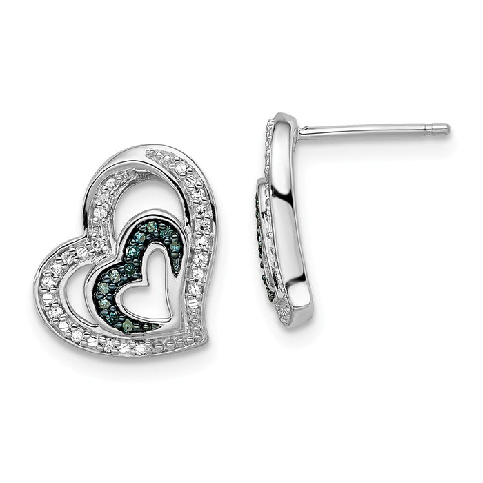 925 Sterling Silver Rhod Plated Blue and White Diamond Heart Post Earrings, 14mm x 11mm