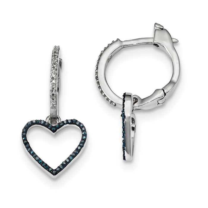 925 Sterling Silver Rhod Plated Blue and White Dia Heart Hinged Hoop Earrings, 26mm x 12mm