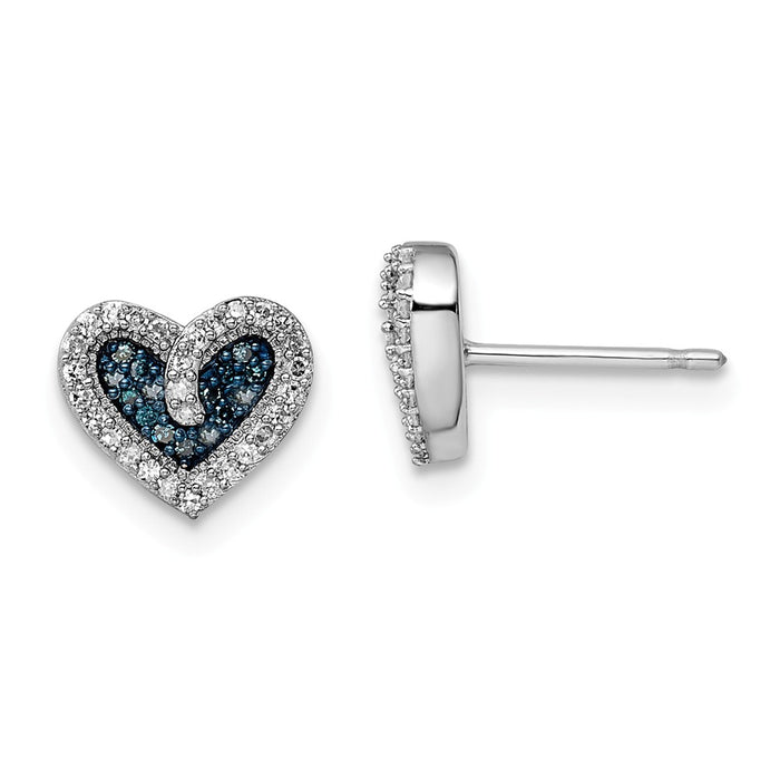 925 Sterling Silver Rhod Plated Blue and White Diamond Heart Post Earrings, 8mm x 9mm