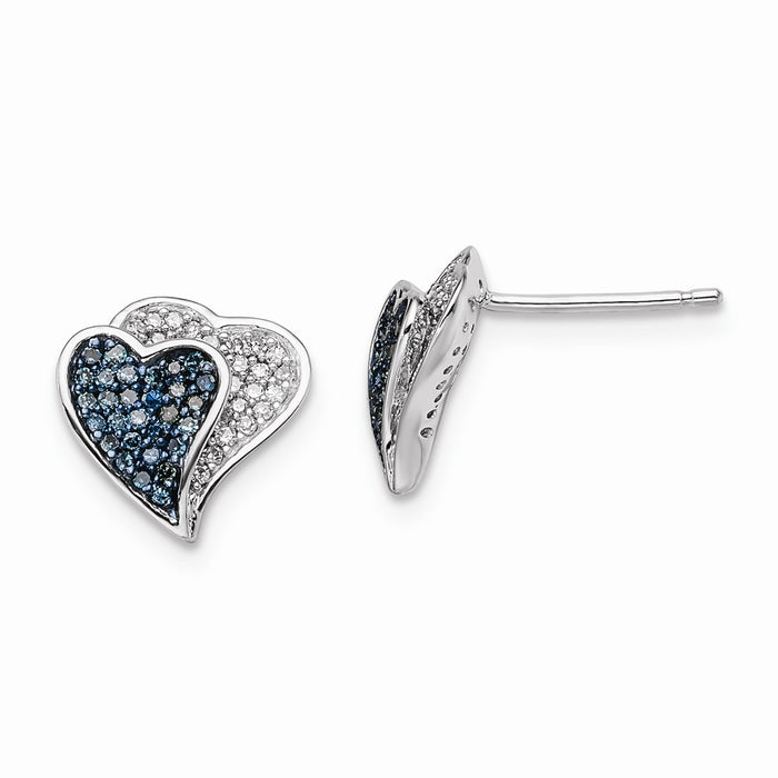 925 Sterling Silver Rhodium-Plated Blue & White Diamond Hearts Earrings, 10mm x 10mm