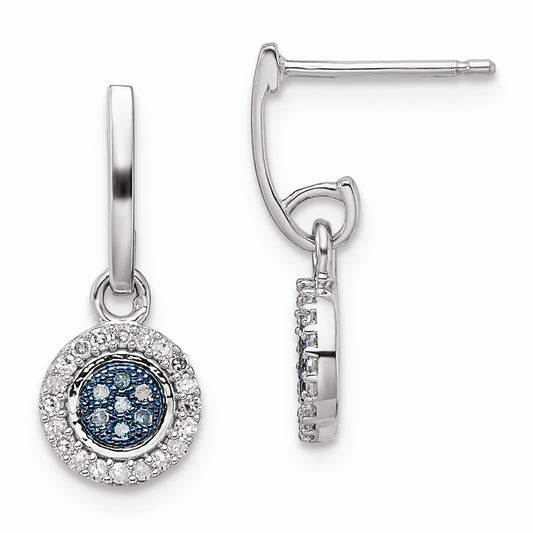 925 Sterling Silver Rhod Plated Blue and White Diamond Post Earrings, 18mm x 7mm