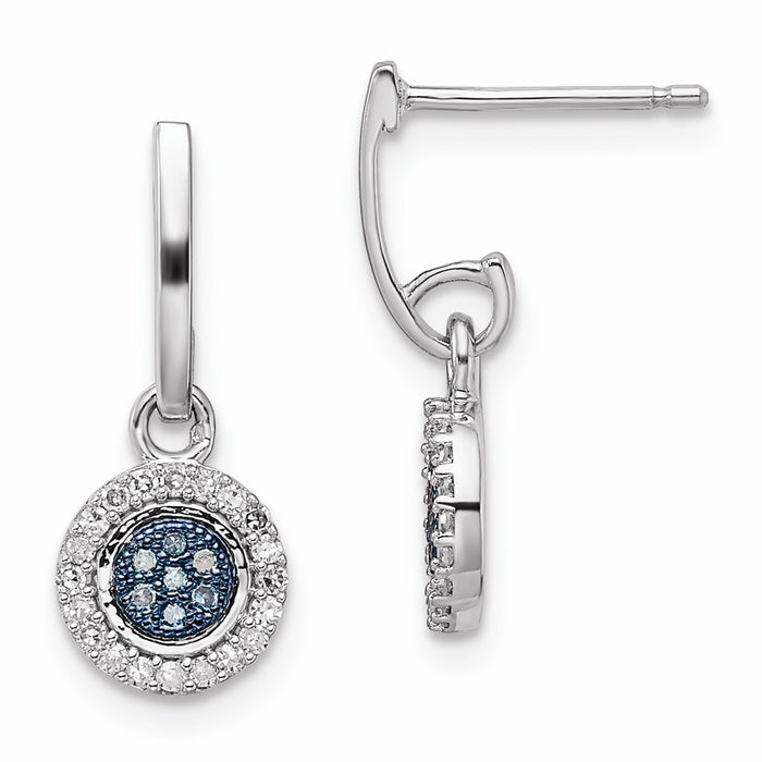 925 Sterling Silver Rhod Plated Blue and White Diamond Post Earrings, 18mm x 7mm