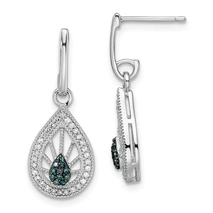 925 Sterling Silver Rhodium-Plated Blue and White Diamond Post Earrings, 24mm x 9mm