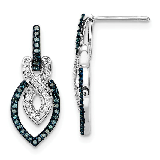 925 Sterling Silver Rhod Plated Blue and White Diamond Dangle Post Earrings, 21mm x 8mm