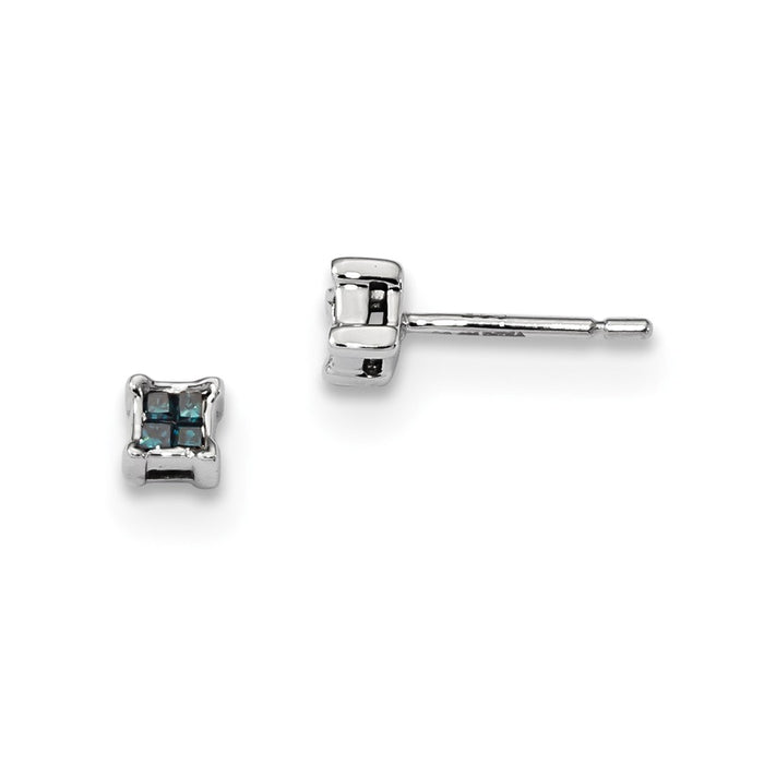 925 Sterling Silver Rhod Plated Blue Princess Cut Diamond Post Earrings, 4mm x 4mm