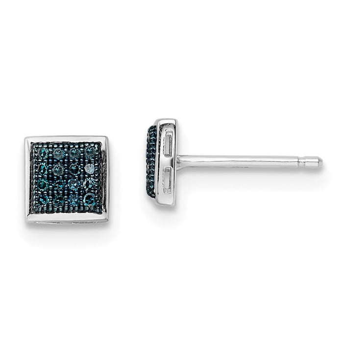 925 Sterling Silver Rhod Plated Blue Diamond Post Earrings, 6mm x 6mm