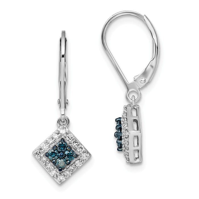 925 Sterling Silver Rhod Plated White & Blue Diamond Leverback Earrings, 26mm x 10mm