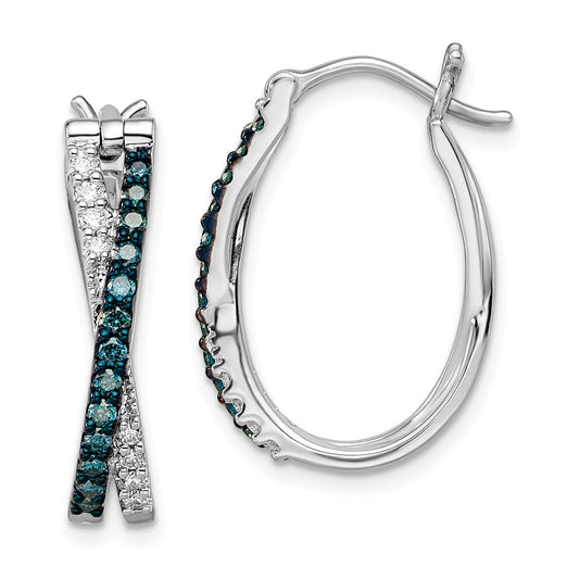 925 Sterling Silver Rhod Plated Hoop White & Blue Diamond Hinged Earrings, 24mm x 5mm