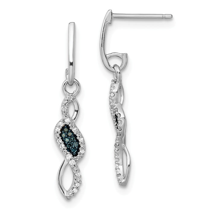 925 Sterling Silver Rhod Plated Blue and White Diamond Post Earrings, 27mm x 5mm