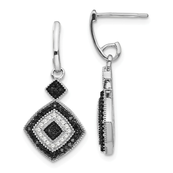 925 Sterling Silver Rhod Plated Black and White Diamond Earrings, 26mm x 11mm