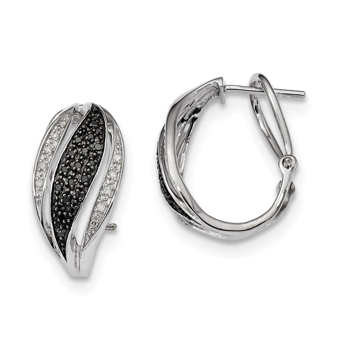 925 Sterling Silver RP Black and White Diamond Omega Back Post Earrings, 22mm x 12mm