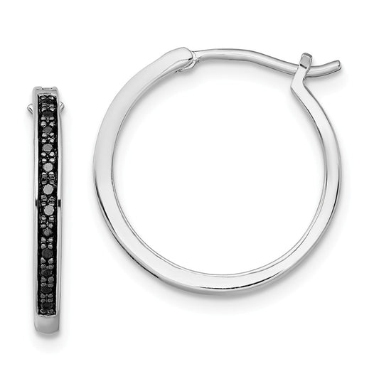925 Sterling Silver Rhod Plated Black Diamond Hoop Earrings, 20mm x 20mm