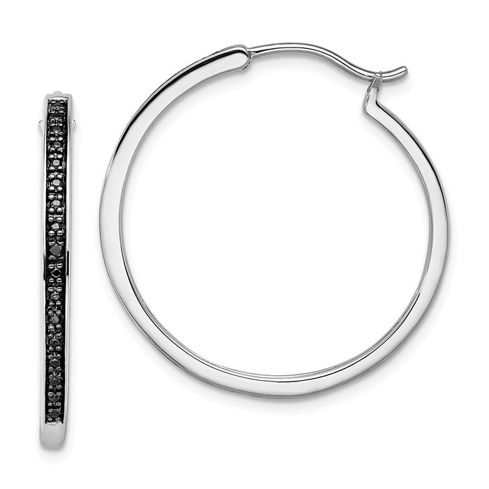 925 Sterling Silver Rhod Plated Black Diamond Hoop Earrings, 30mm x 30mm
