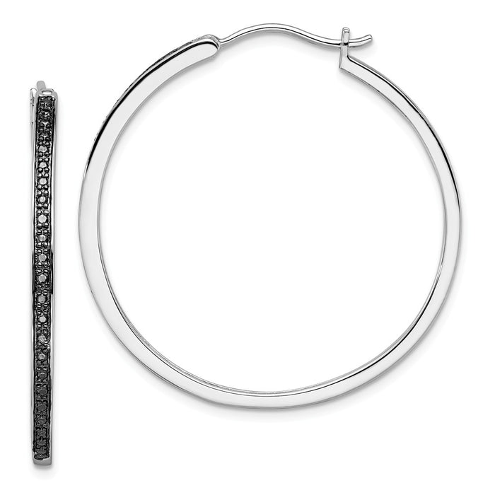 925 Sterling Silver Rhod Plated Black Diamond Hoop Earrings, 40mm x 40mm