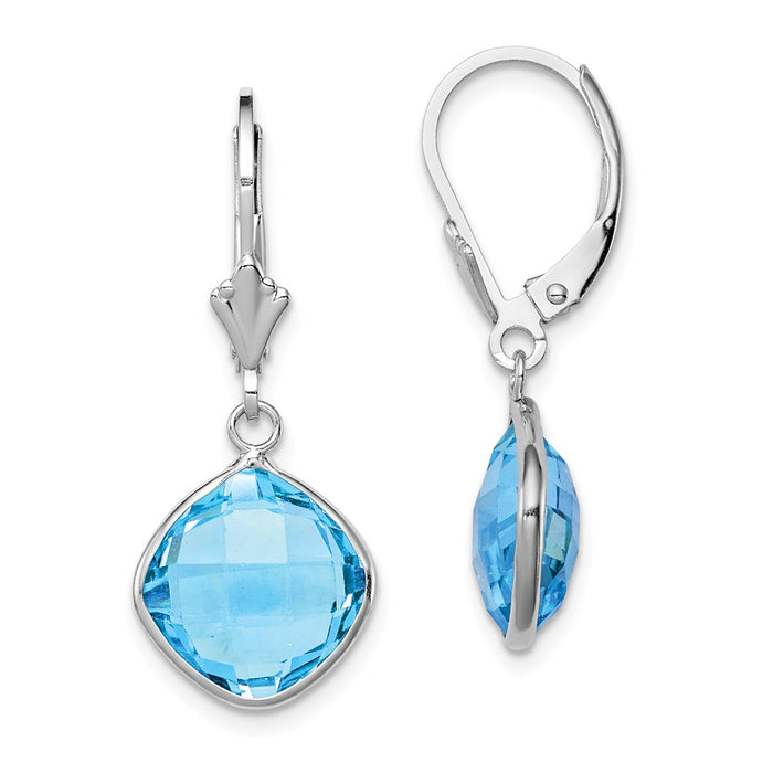 925 Sterling Silver Rhodium-plated Blue Topaz Dangle Lever Back Earrings, 27mm x 11mm