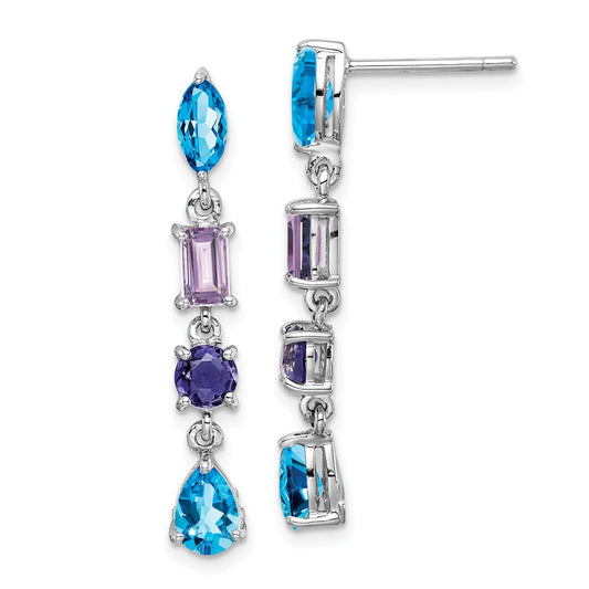 925 Sterling Silver Rhodium Amethyst, Blue Topaz & Iolite Dangle Earrings, 31mm x 5mm