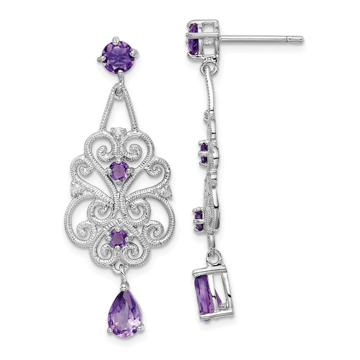 925 Sterling Silver Rhodium-plated Amethyst and Diamond Dangle Earrings, 37mm x 14mm