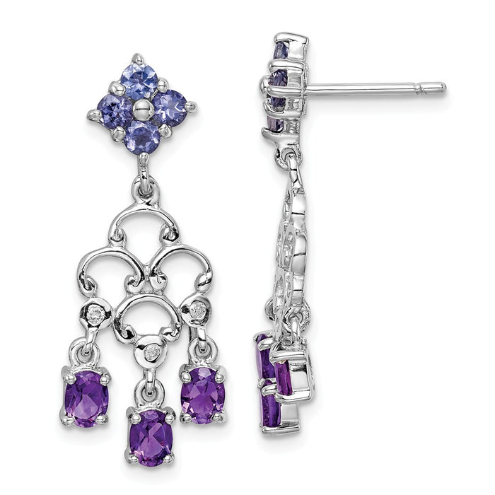 925 Sterling Silver Rhodium-plated Amethyst, Iolite & Diamond Dangle Earrings, 28mm x 12mm