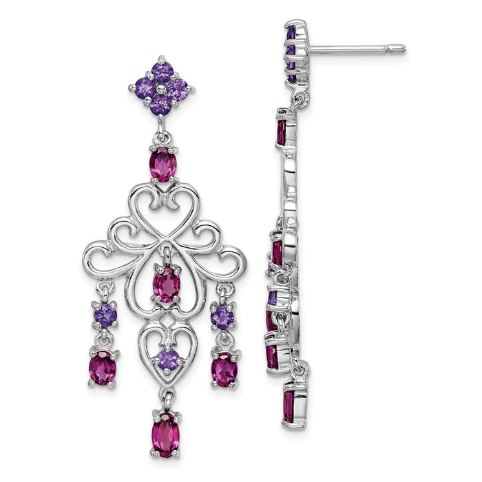 925 Sterling Silver Rhodium-plated Rhodolite Garnet & Amethyst Earrings, 45mm x 18mm