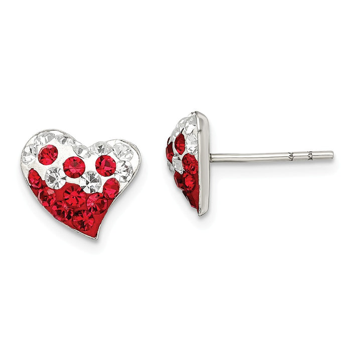 925 Sterling Silver Red and White Preciosa Crystal Heart Earrings, 9mm x 11mm