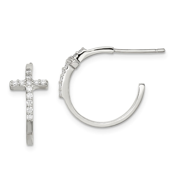 925 Sterling Silver with Cubic Zirconia ( CZ ) Cross Hoop Earrings, 17mm x 20mm