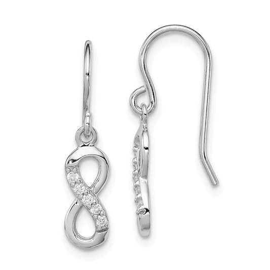 925 Sterling Silver Rhodium-plated with Cubic Zirconia ( CZ ) Infinity Shepherd Hook Earrings, 24mm x 5mm