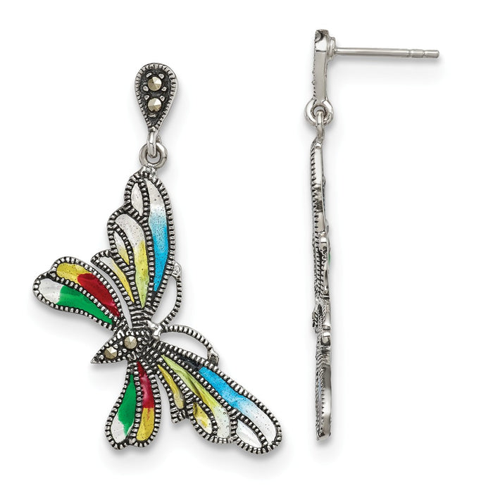 925 Sterling Silver Marcasite & Multi Color Epoxy Butterfly Earrings, 39mm x 25mm