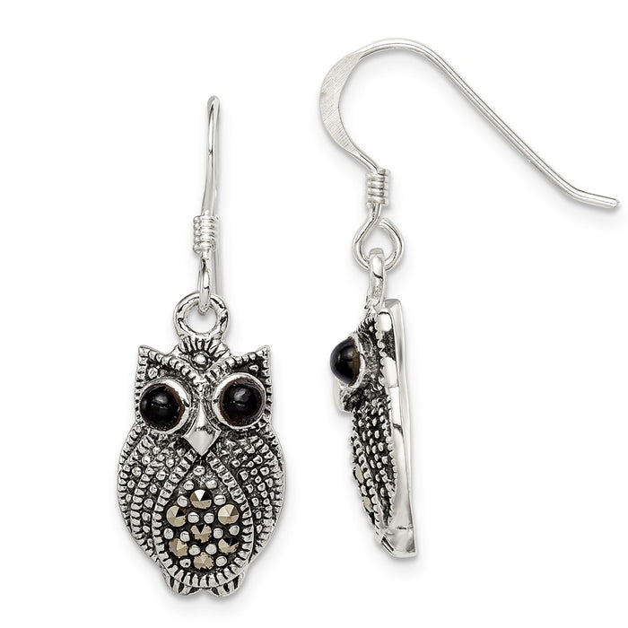 925 Sterling Silver Marcasite & Black Agate Owl Shepherd Hook Earrings, 32mm x 11mm