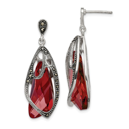925 Sterling Silver Marcasite & Swarovski Elements Dangle Post Earrings, 38mm x 15mm
