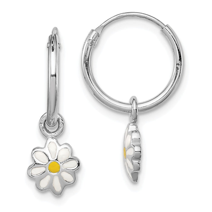 925 Sterling Silver Rhodium-Plated Plated Child's Enameled Daisy Hinged Hoop Earrings, 21mm x 12mm