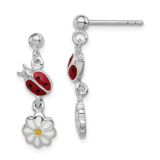 925 Sterling Silver Rhodium-Plated Child Enamel Ladybug/Daisy Earrings, 23mm x 7mm
