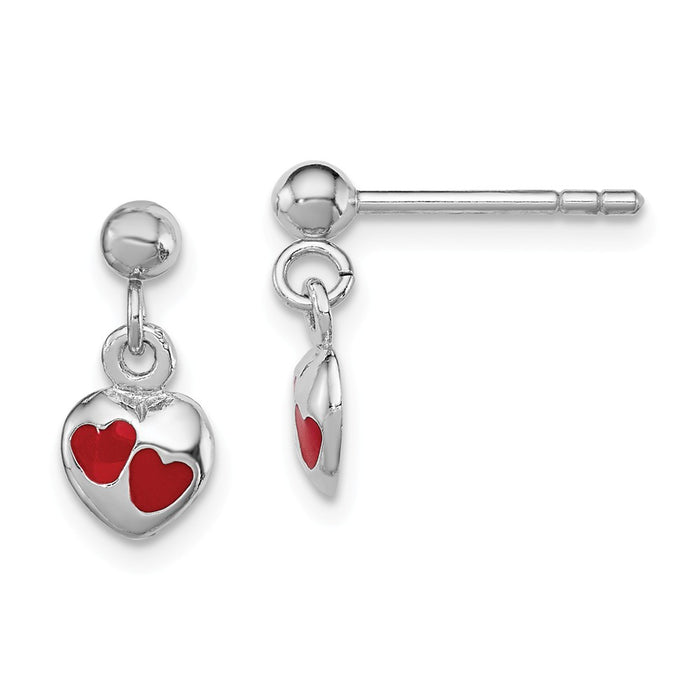 925 Sterling Silver Rhodium-Plated Plated Child's Red Enameled Heart Dangle Earrings, 13mm x 6mm