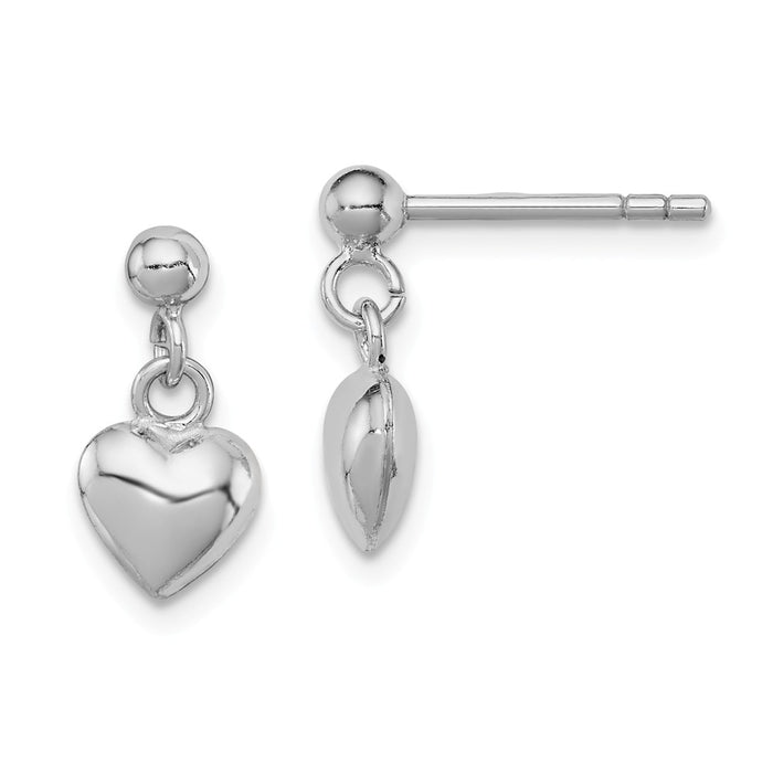 925 Sterling Silver Rhodium-Plated Plated Child's Polished Heart Post Dangle Earrings, 14mm x 7mm