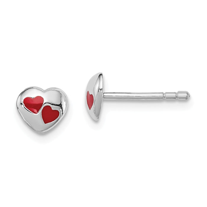 925 Sterling Silver Rhodium-Plated Plated Child's Red Enameled Heart Post Earrings, 5mm x 7mm